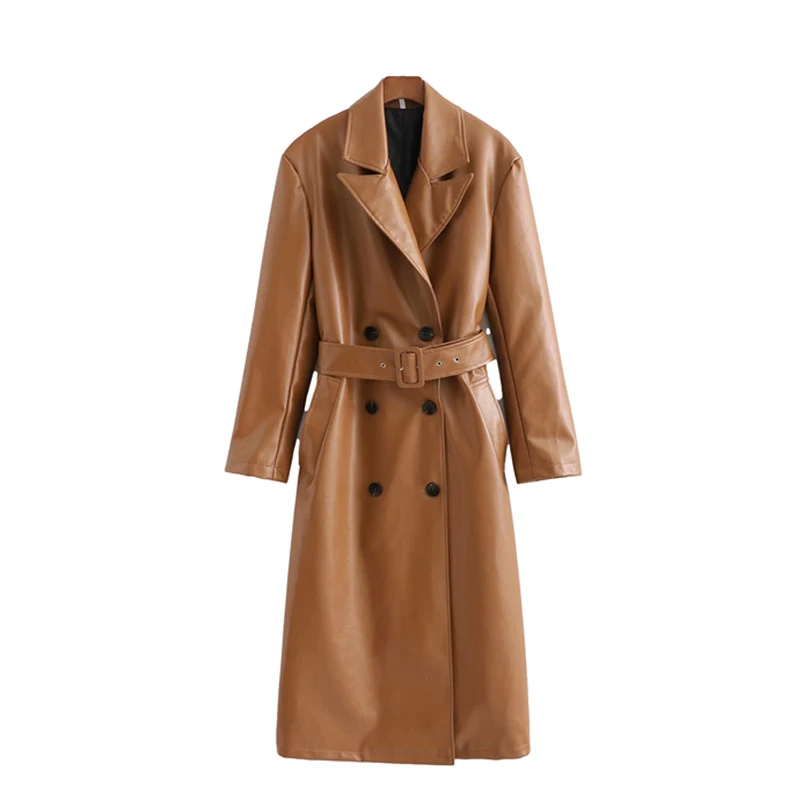 

Vogue Vintage Woman Brown Loose Sashes Long Leather Coats Autumn Winter Fashion Ladie Warm PU Jackets Female Elegant Outerwear