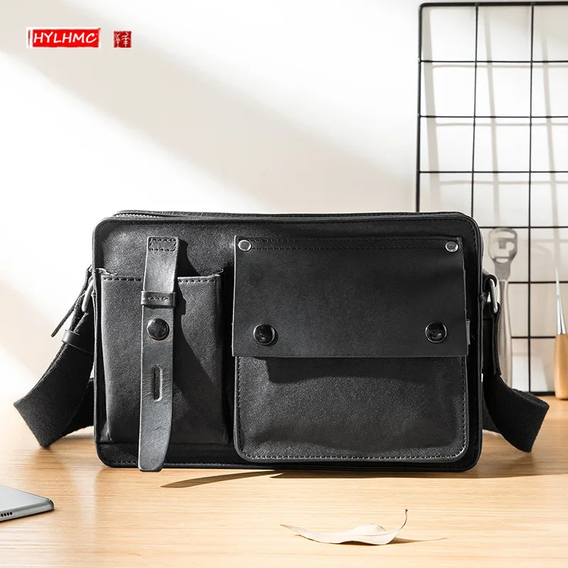 

New Genuine Leather Men's Bag Casual Shoulder Messenger Bag Crossbody Bag Youth Trend Soft Black Cowhide Leather Vintage Bags