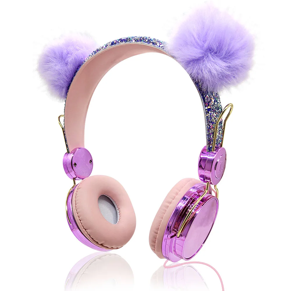 Милый меховой шарик детские наушники с кошачьими ушками для Девочек Музыкальная