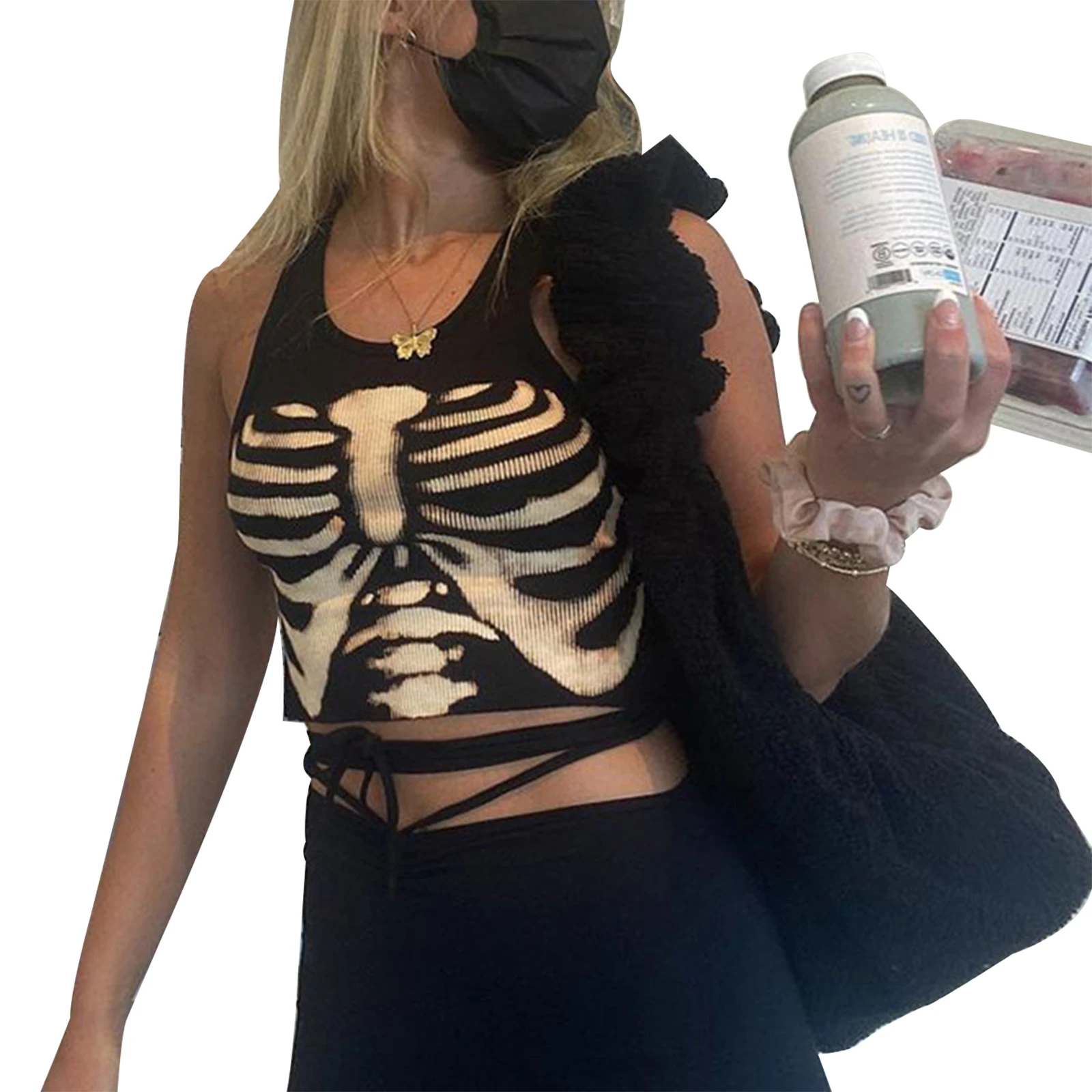 

Sexy Women's Rib Knit Tank Tops, 2021 New Fashion Trendy Sleeveless Round Neck Skeleton Print Crop Tops
