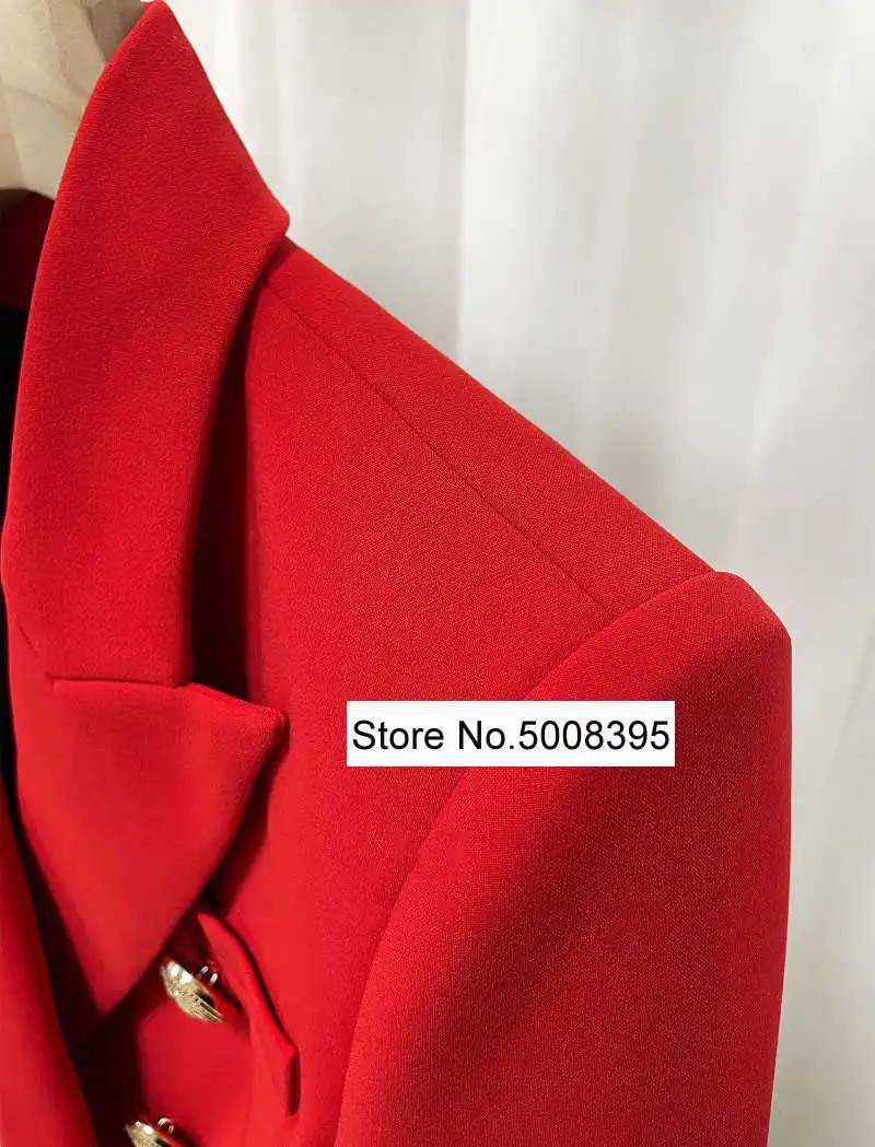 

Amazing 2021ss Classic Red Blazer Gold Lion Buttons Double Breasted Elegant Ladies Suits with Shoulder Pads