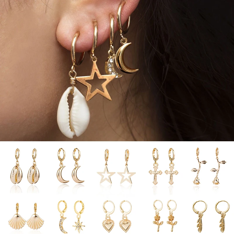 Luokey крест луна серьги в виде колец для Для женщин небольшой лепесток цветка розы