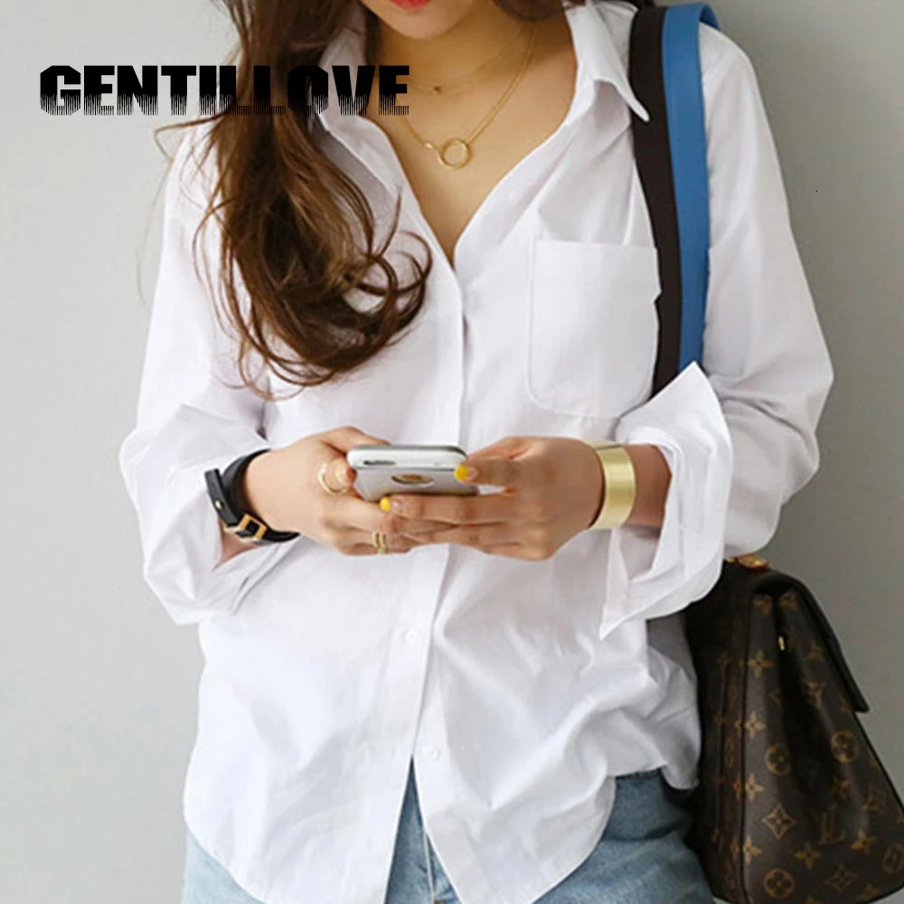 

Осенняя Женская белая рубашка с одним карманом, женская блузка, топы, повседневные женские свободные блузки в офисном стиле с длинным рукав...