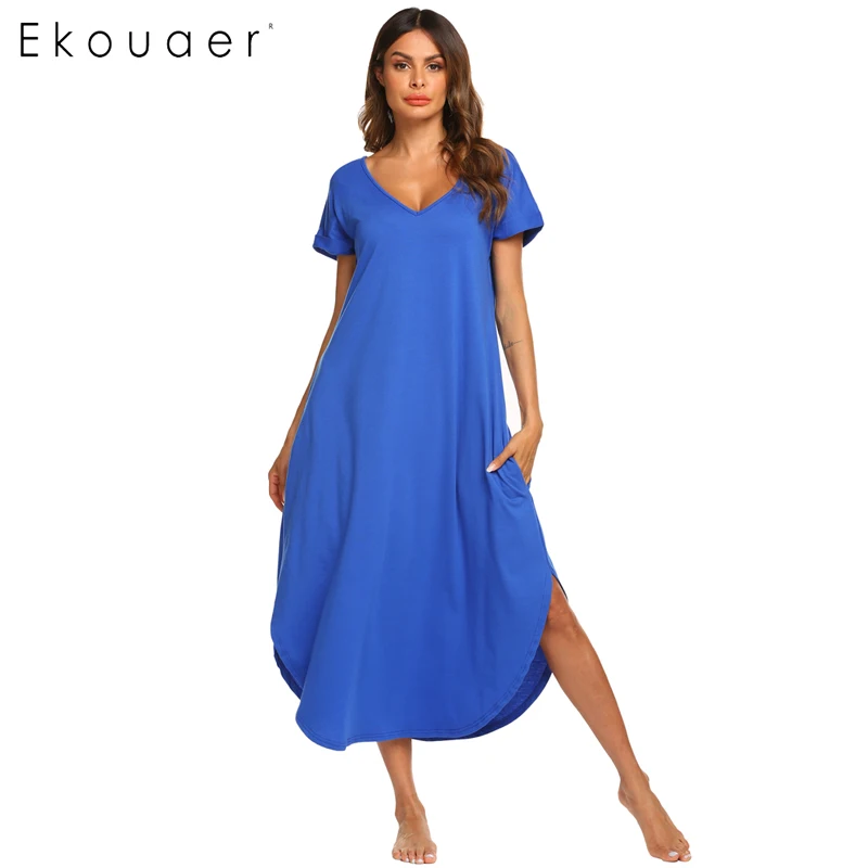Sky Blue Ekouaer ночная рубашка женская ночная рубашка трапециевидной формы свободное асимметричное платье для сна с коротким рукавом ночная рубашка - Цвет: Sky Blue