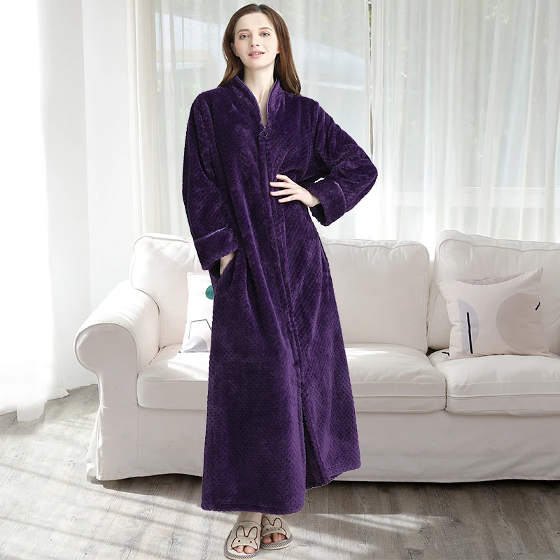 Women Purple Женский зимний термо-халат размера плюс, удлиненный толстый фланелевый банный халат в клетку, теплый банный халат на молнии для беременных, халаты для невесты - Цвет: Women Purple