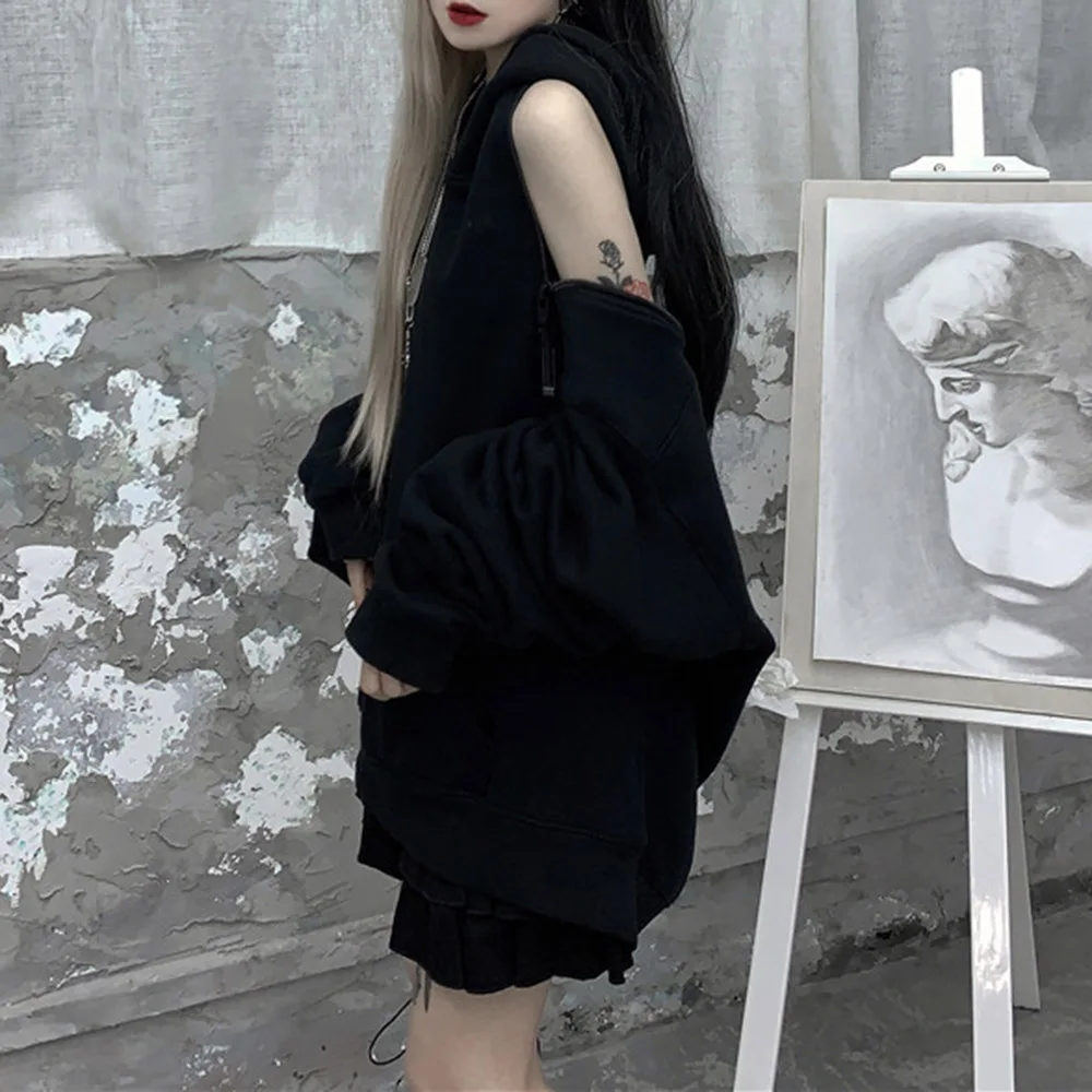 

Oversized Sweatshirt Women 2020 Sexy Autumn Black Retro Dark Hoodies Double-sided Chic Loose Hooded Long Sleeves Streetwear