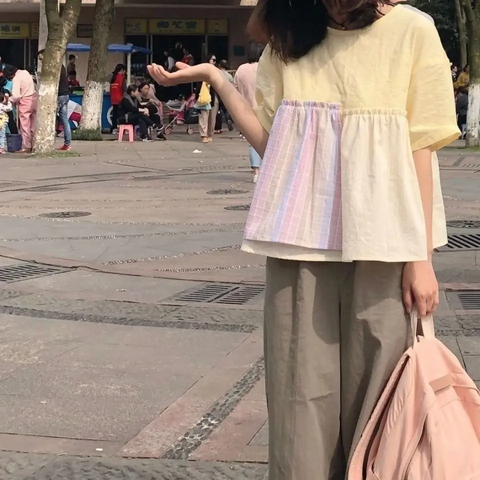 

Милая рубашка в стиле пэчворк с японской девушкой, женская футболка из двух частей, новая летняя женская рубашка