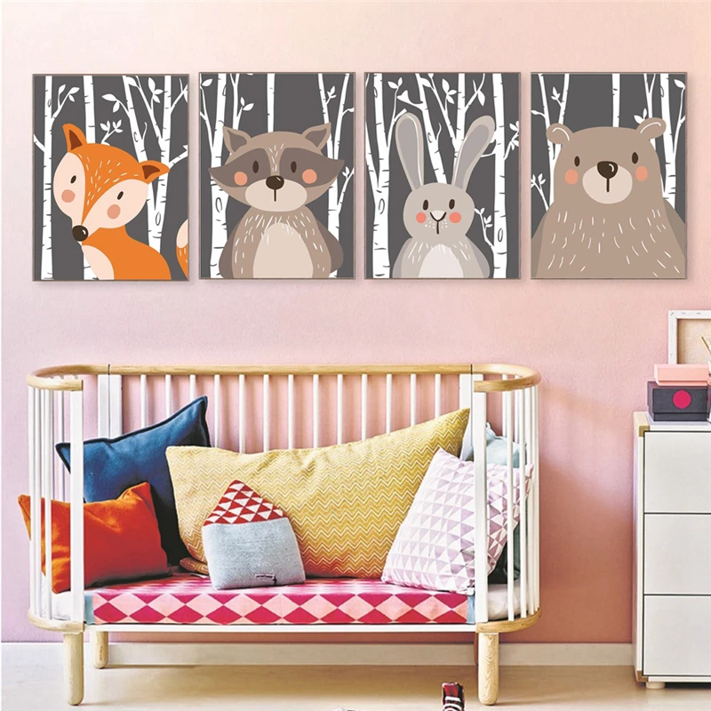 Скандинавский Ночной лес мультяшное животное дерево кролик медведь холст