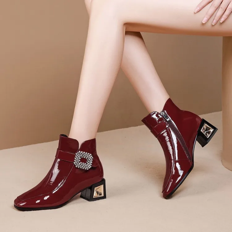 

MLJUESE 2020 women soft ankle boots cow leather crystal winter short plush square toe high heel boots women boots size 42