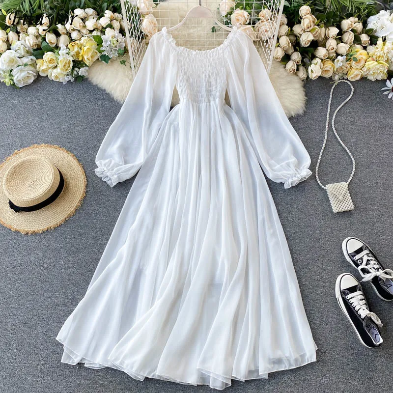 

Fitaylor Spring Women Holiday Chiffon Fairy Long Dresses Puff Sleeve Off Shoulder Sleeves Dresses High Waist White A-line Dress