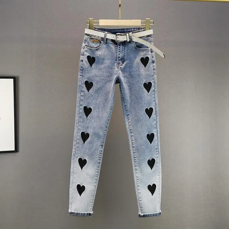 

Senior Love Embroidered Jeans Women 2021 Spring High Waist Slimming Tight Tappered Pencil Pants Fashion Retro Trousers New