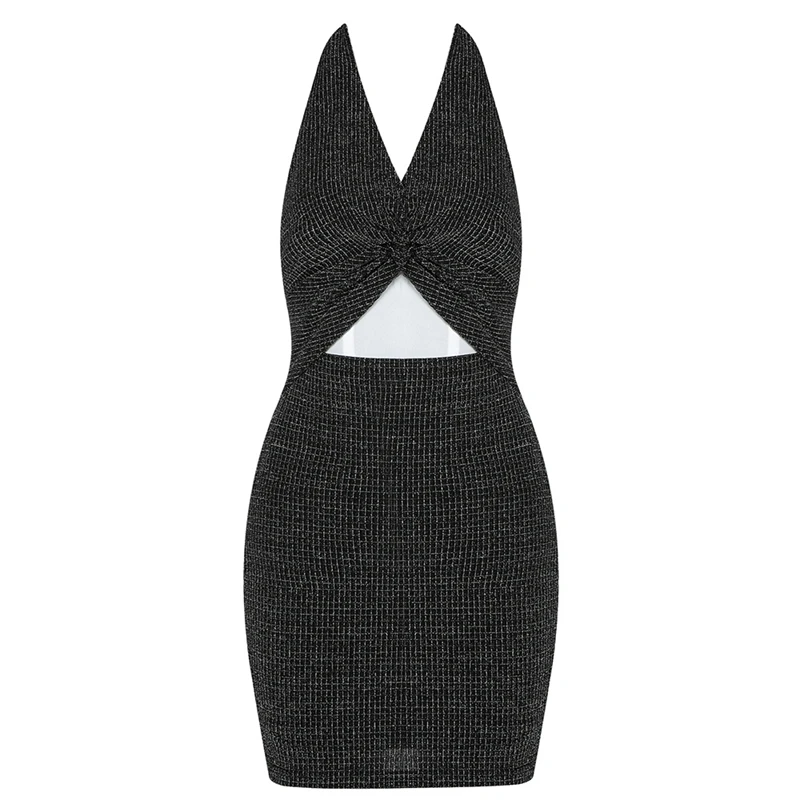 

INDRESSME New Women Sexy Sheath Dress Halter Long Sleeve Hollow Out Sequined Bodycon Dress Lady Fashion Mini Party Dress 2020