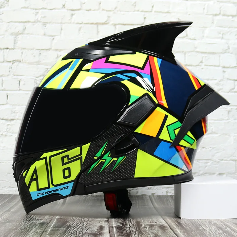 Jiekai Motorcycle Helmet Modular Flip Up Safety Casco Moto Racing Street Bike Dual Lens Helmets Horns Interior Visor Full Face