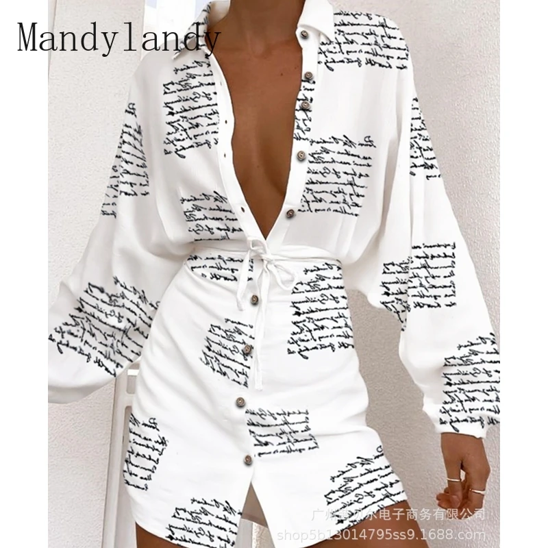 

Mandylandy Shirt Dress Autumn Long Sleeve Single-Breasted Turn-down Collar Shirt Women's Letters Printed Slim Fit Lace Up Shirt