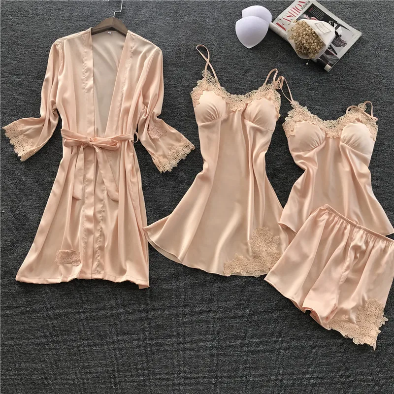 Spring New 4 Pcs Lace Fashion Women Pajama Set With Chest Pad Spaghetti Strap Cardigan Shorts Set Pyjamas
