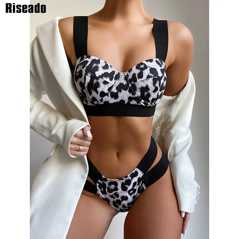 

Riseado Push Up Bikini Women's Swimsuit Sexy Swimwear Women 2021 Cut Out Brazilian Biquini Leopard Patchwork Bathing Suit Summer