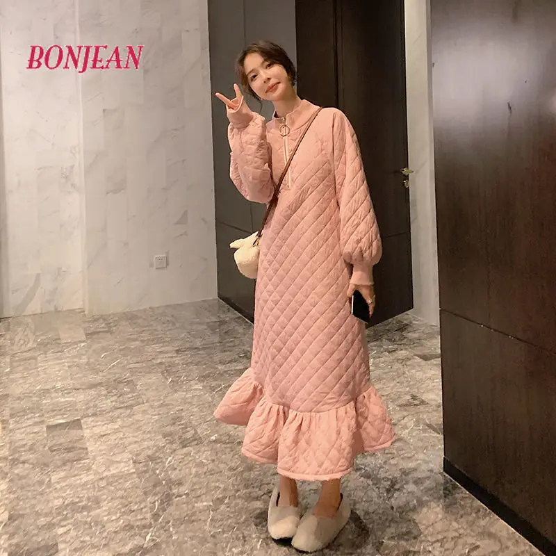 Women Winter Parka Dress Pink Rhombus Quilting Padded Long Sleeve Dress Warm Winter Streetwear Parkas Waistcoat Dress Vestidos