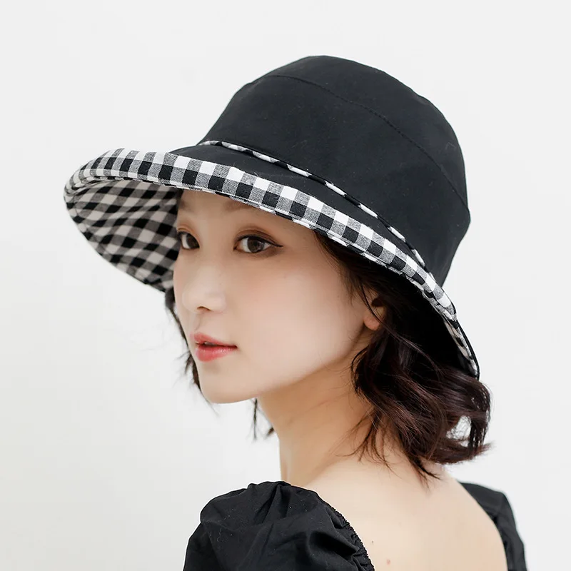 Summer female literary retro plaid double-sided fisherman hat Pure cotton comfortable women bucket hat