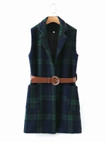 2022 woman casual traf jacket autumn sleeveless open stitch patch pockets long coat vest belted green plaid gilets