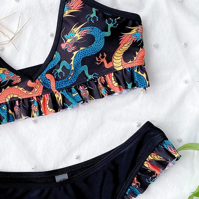

Dragon Print Swimsuit Women Ruffle Bikini 2021 High Cut Swimwear Female Sexy 2 Piece Suit Elegant Bathing Beach Suit Biquini New