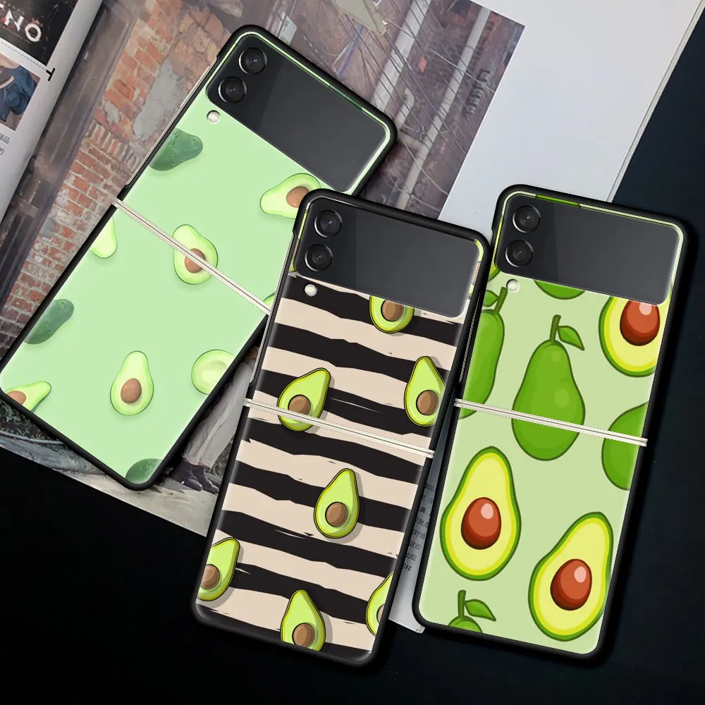 

Case For Samsung Galaxy Z Flip 3 5G PC Hard Cell Phone Cover ZFlip 6.7" Black Segmented Protect Coque Cartoon Avocado