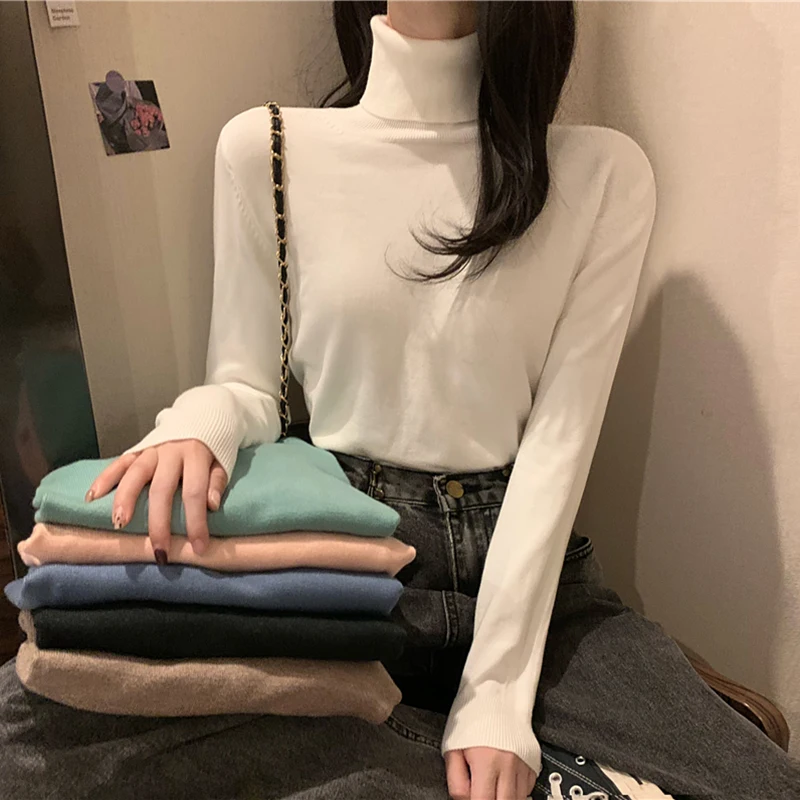 

AOSSVIAO Autumn Winter Tops Solid Turn-Down Collar Soft Warm Pullovers Female Thick Turtleneck Knitted High Street Women Sweater