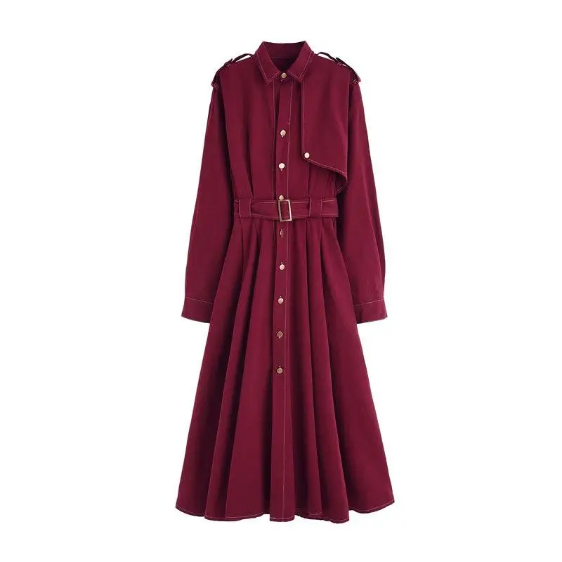 

Autumn Spring Women Long Dress Turn Down Long Sleeve Women Casual Maxi Dress with Belt Trench Style Women Dress Vestidos