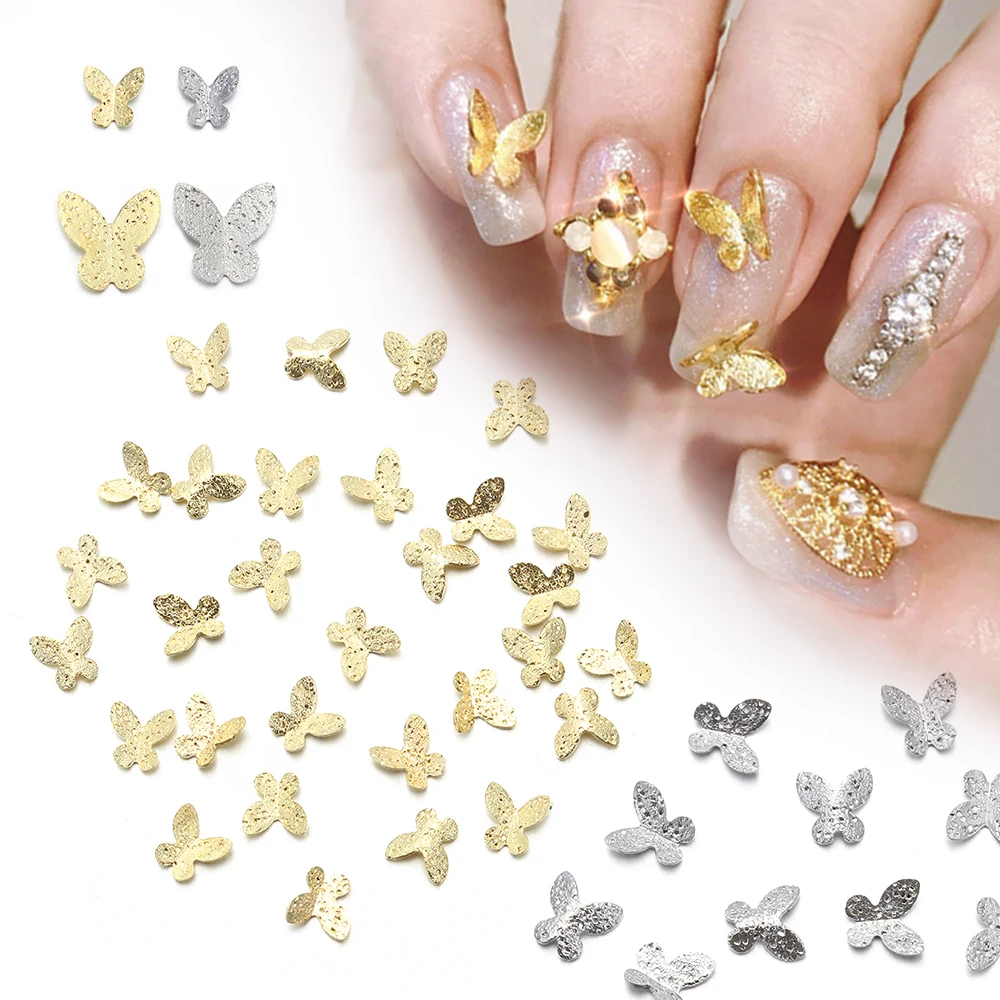Новинка 30 шт/коробка золотые серебряные металлические бабочки для ногтей 3D
