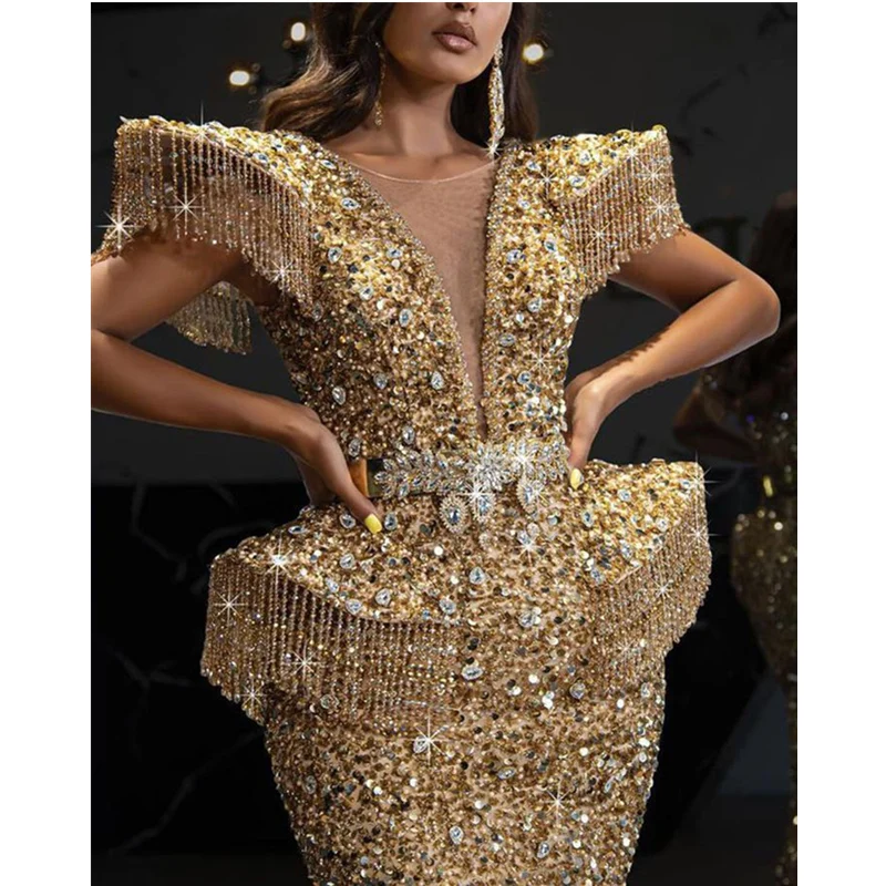 

WEPBEL Women Evening Dress Ladies Sexy Lace Sequins Mermaid Dress Female Elegant Cloak Sleeve V Neck Party Dress