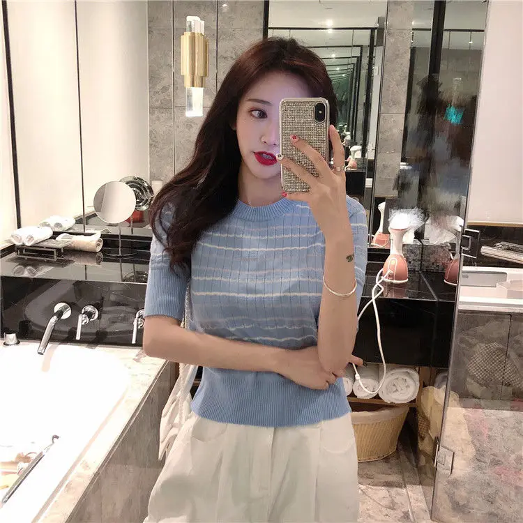 

Super fire short sleeve women's summer wear new temperament knitting stripe T-shirt slim bottomed top