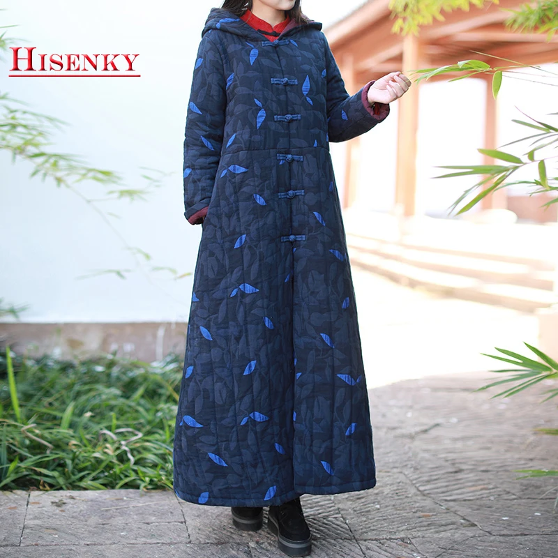 Hisenky женская зимняя парка Китайская традиционная длинная куртка с капюшоном и