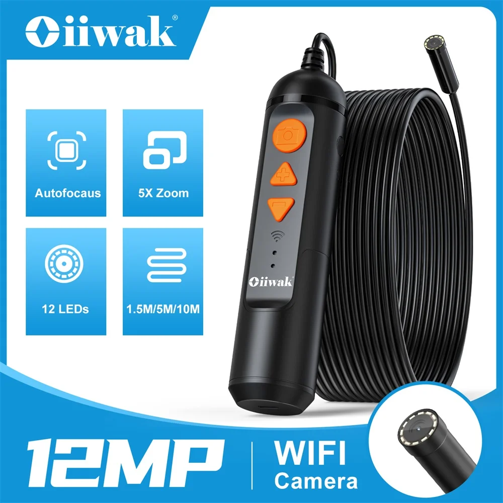 

Автомобильный эндоскоп Oiiwak, 12 МП, автофокус, Wi-Fi, мини-камера, 5-кратный зум, камера-эндоскоп для подводной камеры Android IOS
