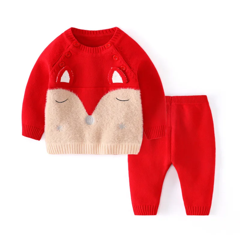 2022 New Autumn Winter Knitted Baby Sets Cotton 2pcs Lovely Animal Pullover Sweaters+Pants Infant Boys Girls Outfit Suits | Детская