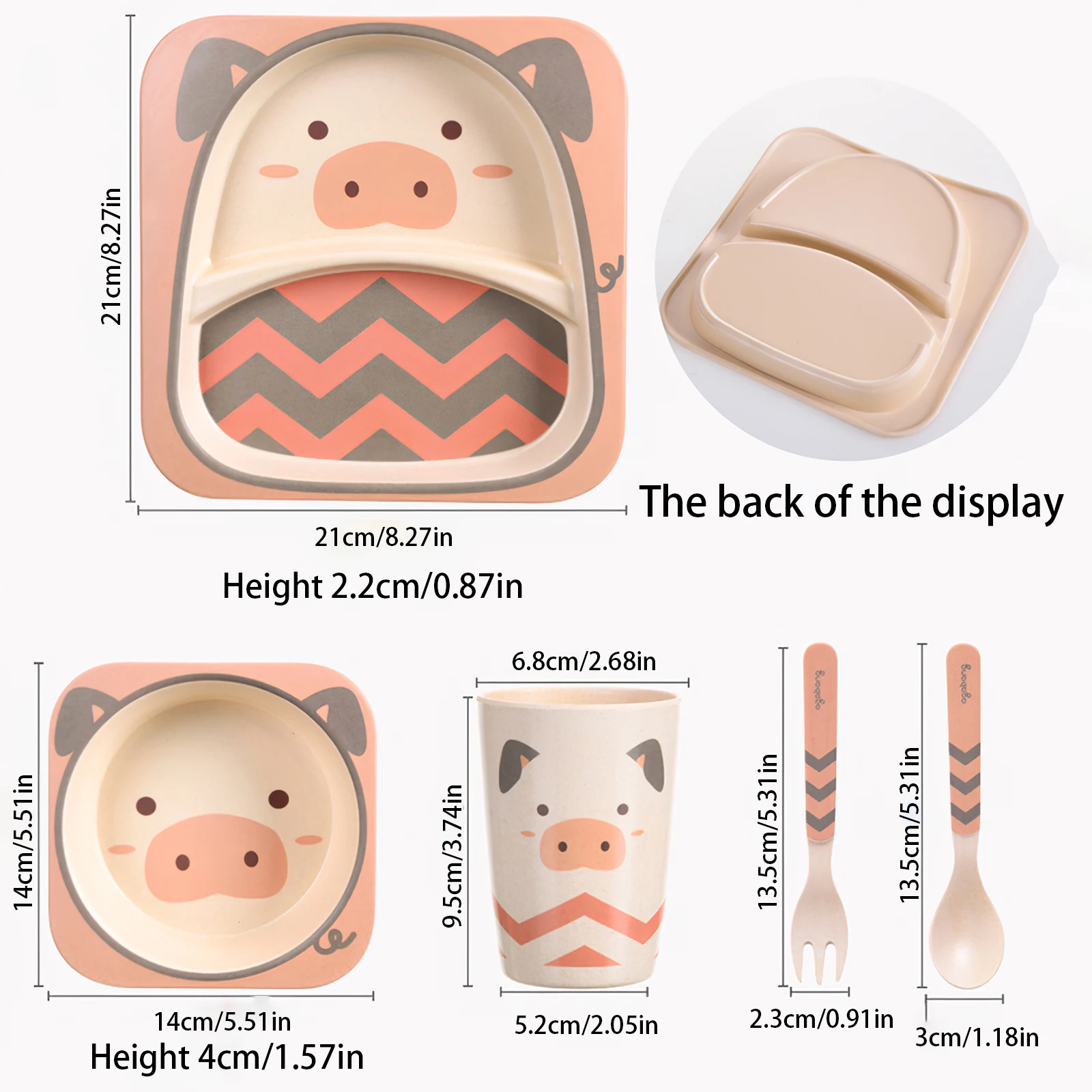 

5pcs Cartoon Children Tableware Set Includes Plate Bowl Cup Spoon Fork Cartoon Bamboo Fiber Home Kid Eco-Friendly Dinnerware