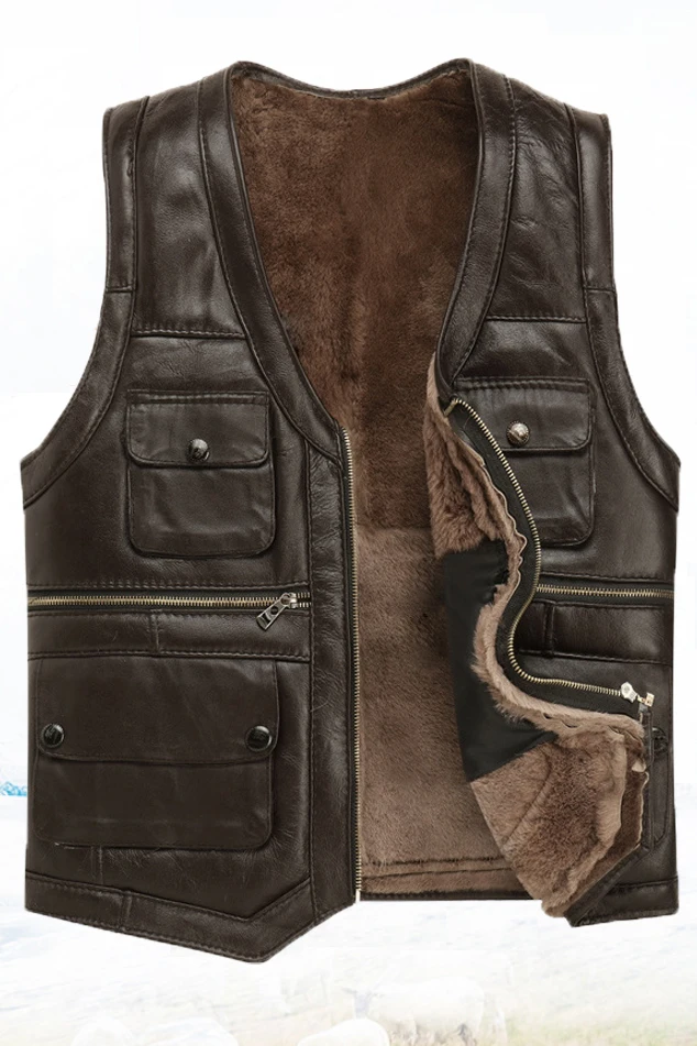 2021 Men's Leather Vest Full-Grain Sheepskin Autumn and Winter Multi-Pocket Casual Fur Integrated Warm | Мужская одежда