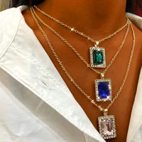 fashion red green square crystal pendant necklace for women men gold color twisted chain choker necklace luxury jewelry gift