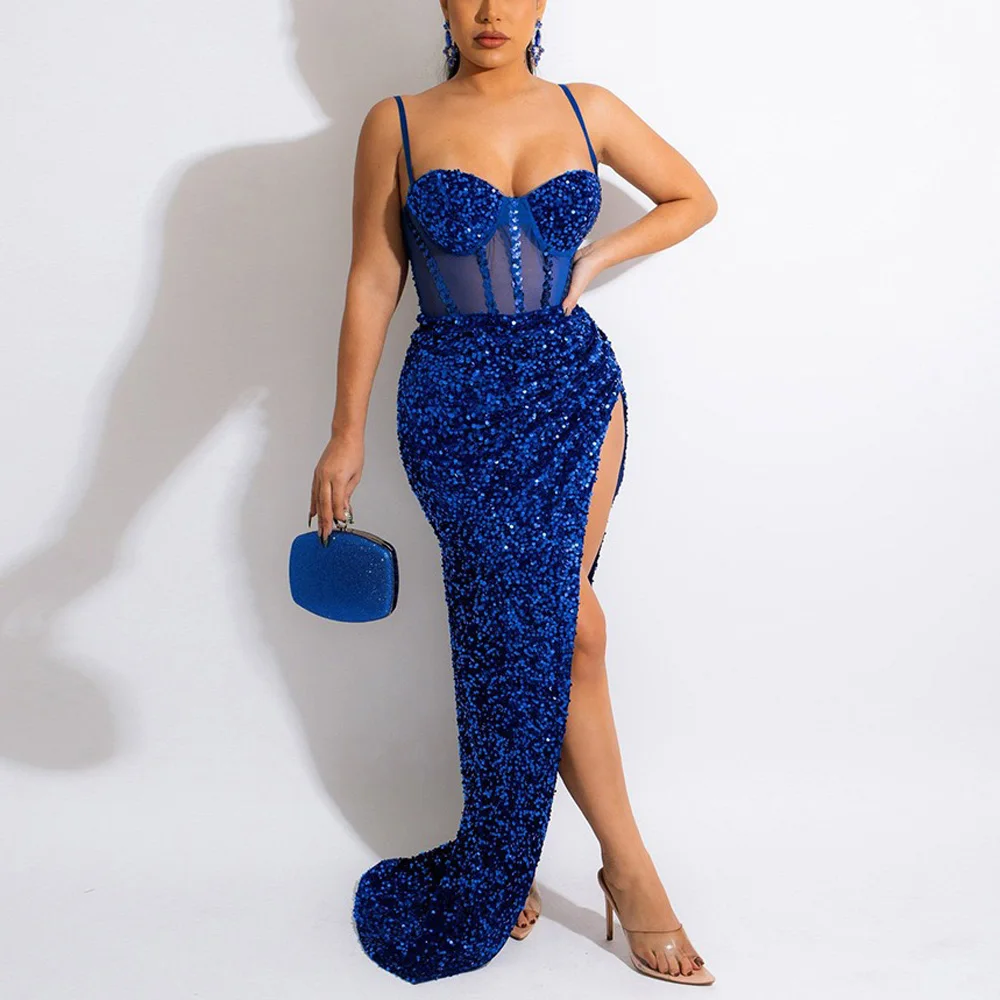 

Women Sexy Spaghetti Strap Dresses Elegant Sequined Square Neck Backless Bodycon High Split Floor Length Evening Night Dress Hot