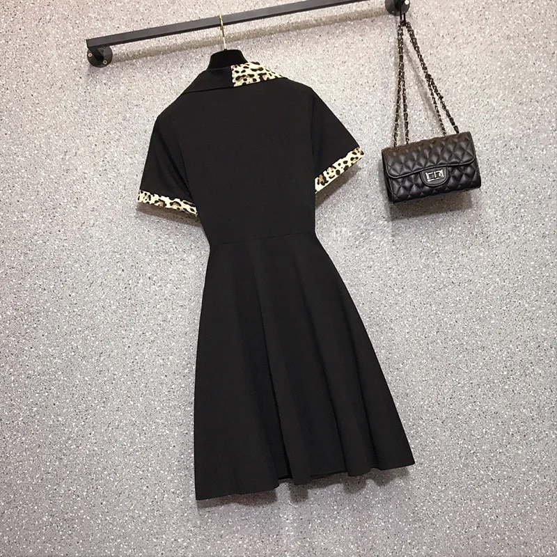 

5XL Plus Size Women Elegant Office Blazer Dress Summer 2021 Leopard Print Pathcowrk Short Sleeve Ladies Warp Dresses Black