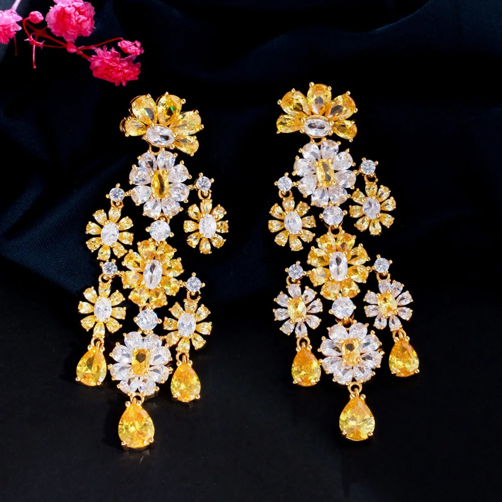 

CWWZircons Luxury Statement Cluster Flower Dangle Drop Yellow Cubic Zirconia Long Wedding Earring for Brides Party Jewelry CZ984