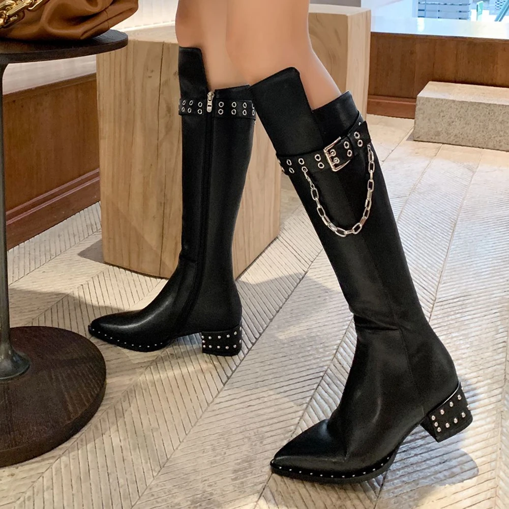 

New Fashionable Cool Chic Genuine Leather Rivets Chains Riding Boot Winter Women Shoes Boots Female