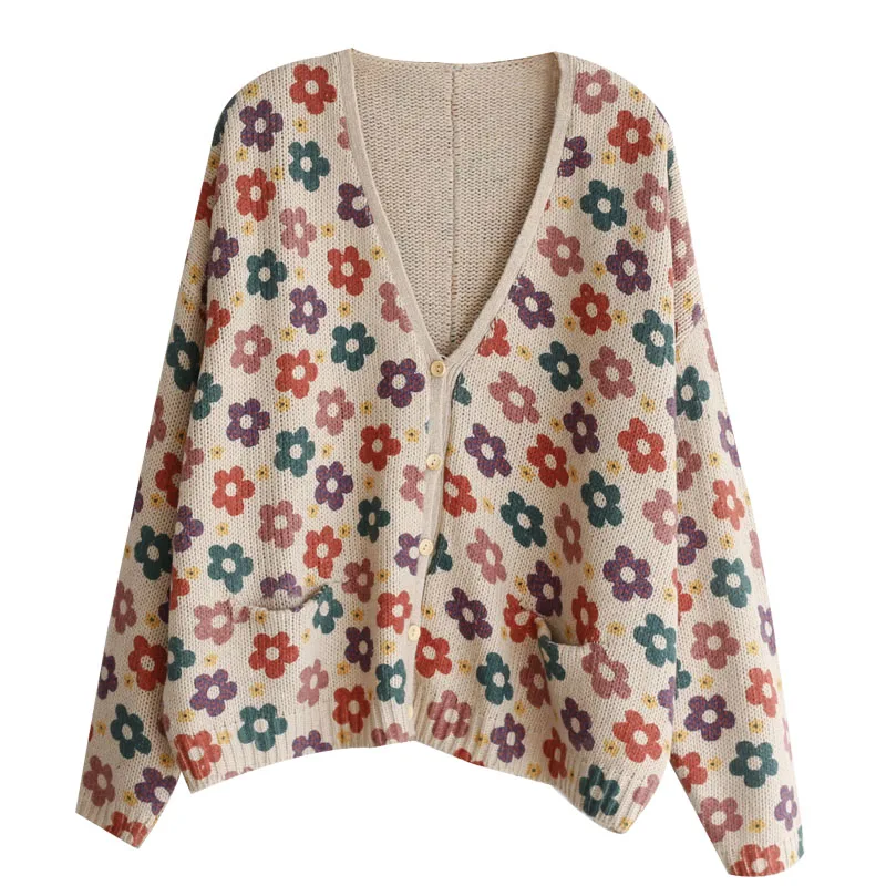 Vintage Mori Girl Floral Sweater 2019 V neck Autumn Loose Print Cardigan Knitting Coat Korean Fashion Women Tops YoYiKamomo |