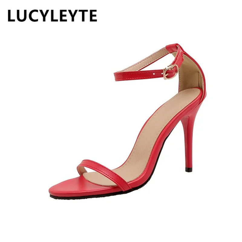 

2021 summer fashion women's buckle with thin heel sandals, rubber sole, high heel round head women's sandals large 34-48