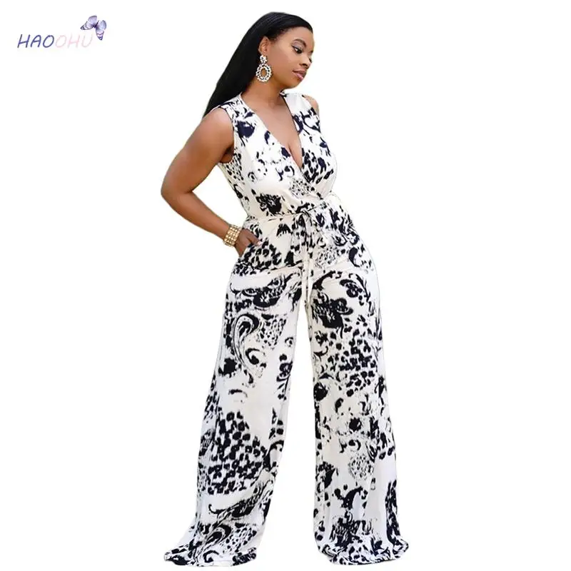 

Женский комбинезон HAOOHU с глубоким V-образным вырезом, Свободная Женская одежда с поясом и карманами, лето 2021, новый элегантный сексуальный к...