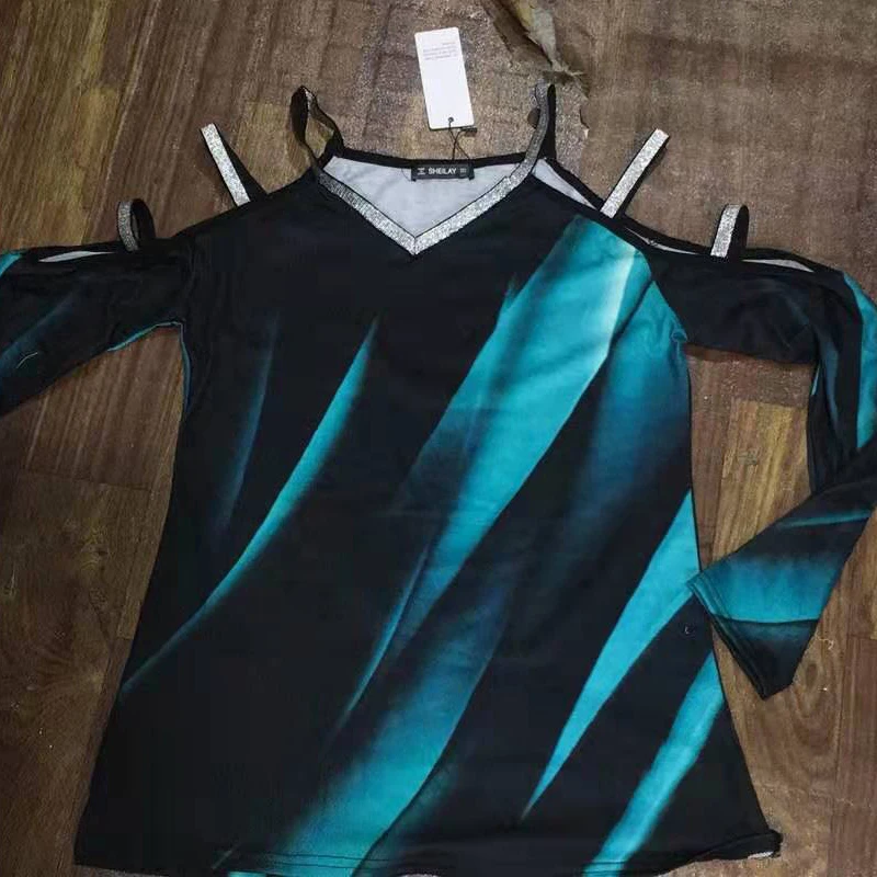 

Huaxiafan Fashion Strapless Glitter V Neck Tie Dye Hollow Out Long Sleeve Y2K T Shining Sexy Blouse Women Tops