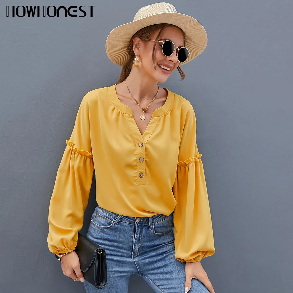 

Блузка женская Винтажная с рукавами-фонариками и V-образным вырезом