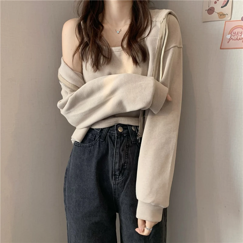 

NEW Sweatshirts Women Cropped Hooded Solid Spring High-quality Casual Zip-up Tunic Office Lady Draw String Vintage All-match Col
