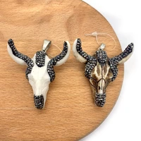 1pc natural stone acrylic pendants with rhinestone bull skull shape cow head shaped ox bone diy for making necklace 45x46mm size