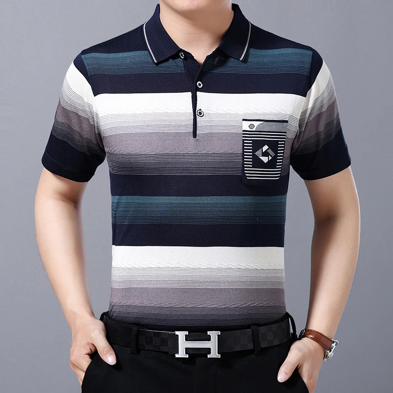 Трикотажная рубашка в полоску с коротким рукавом на лето 2020 мужские модные