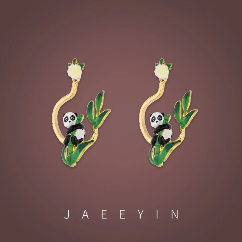 

Jaeeyin 2021 Unusual Novelty Chinese Style Hand Painted Enamel Panda Bamboo Swing Hoop Earrings Casual Jewelry Holiday Craft