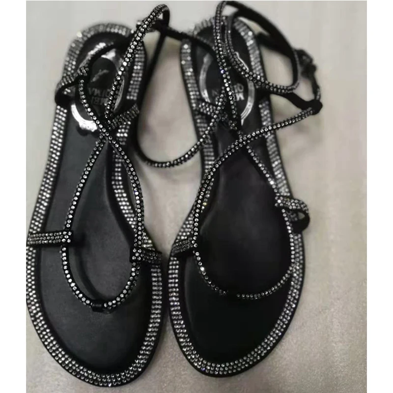 

Women's Sandals 2019 New Summer Flat Bottom Foot Strap Holiday Elegant Roman Rhinestone Sandals Student Woman Flat Shoes